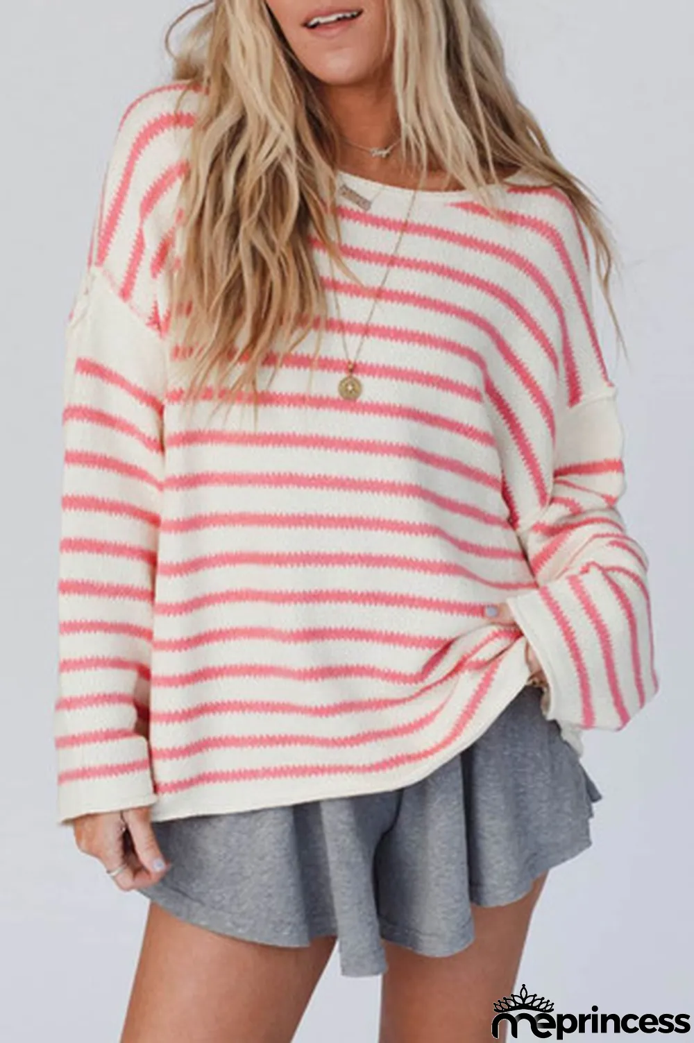 Pink Striped Drop Shoulder Oversized Sweater