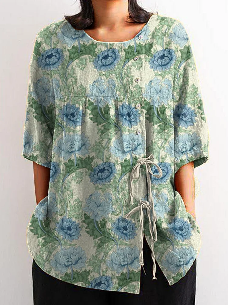 Women's Vintage Lovely Chrysanthemum Art Print Casual Cotton And Linen Shirt