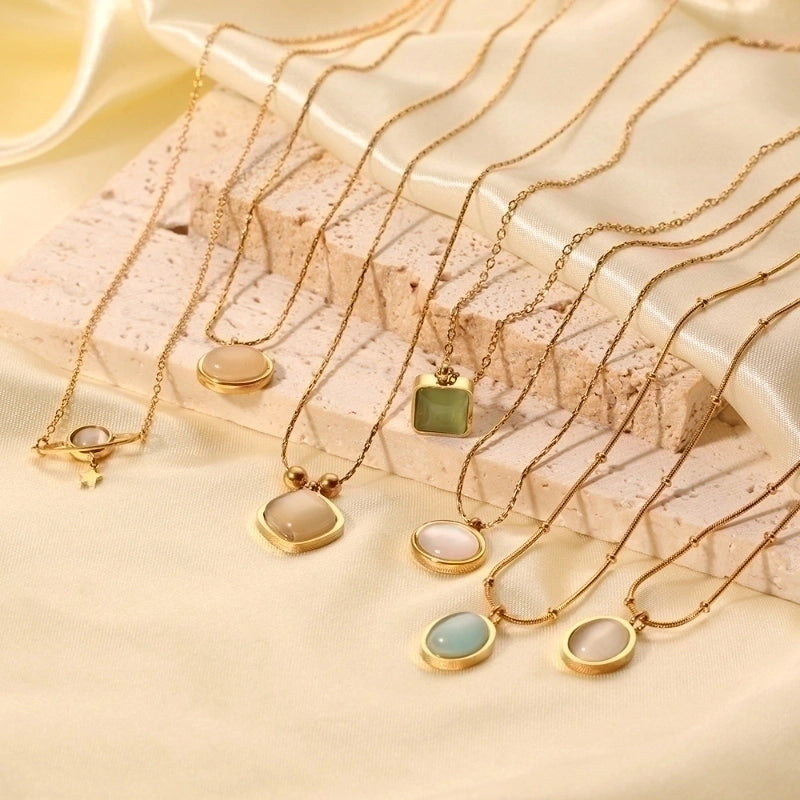 304 Stainless Steel 18K Gold Plated Minimalist Inlay Round Heart Shape Opal Pendant Necklace