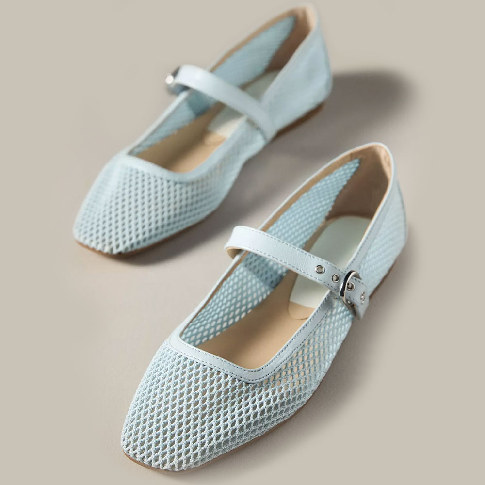 Light Blue Fishnet Square Toe Mary Jane Ballet Flat Shoes with Strap Nicepairs