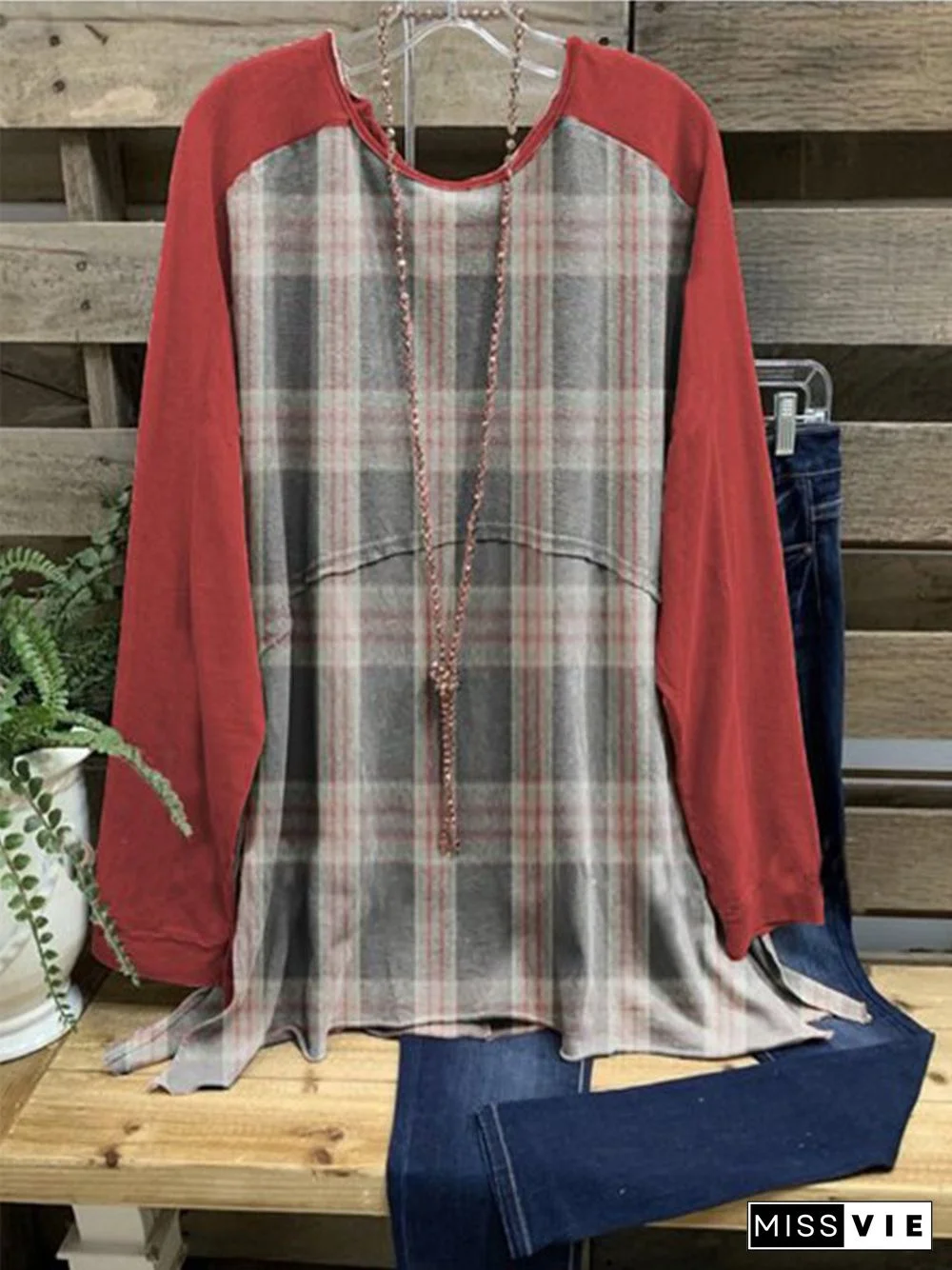 Red Round Neck Checkered/plaid Casual T-shirt