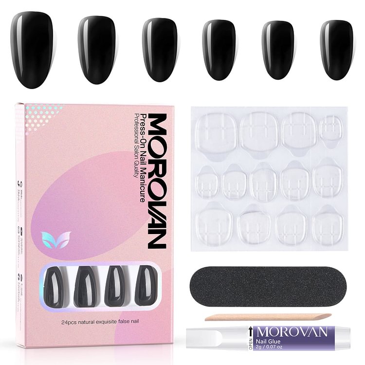 24PCS Fake Nails 14 Sizes Gloss Black Press On Nails Kit