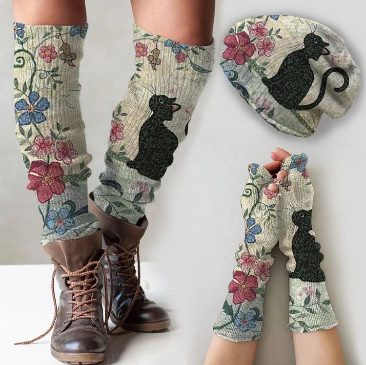 （Ship within 24 hours）Vintage cat print knitted hat +leg warmers + fingerless gloves set