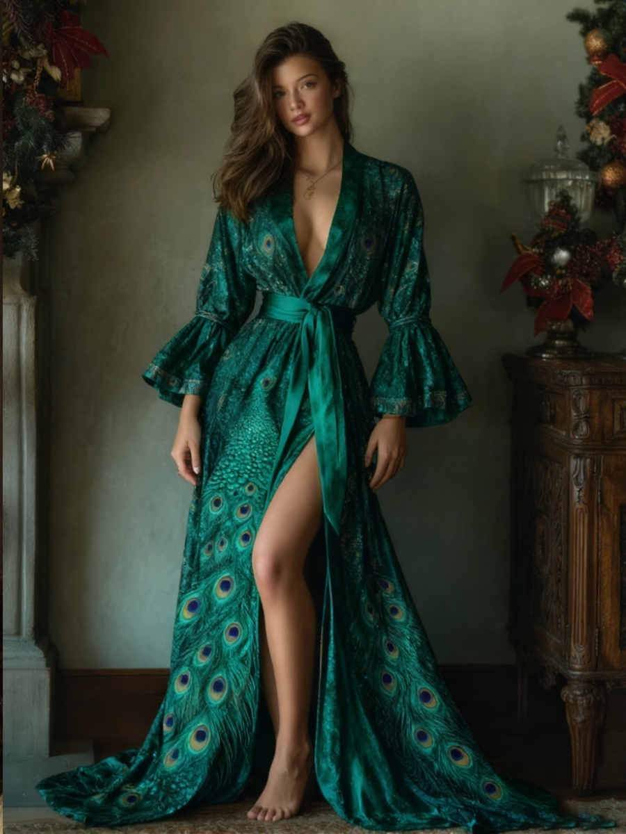 Elegant autumn/winter fleece Christmas-themed bathrobe (with belt)