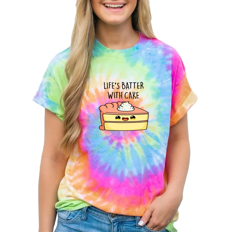 Women and Men Tie Dye Tee Lifes Batter With Cake Cute Cake Pun T Shirt - Heather Prints Shirts