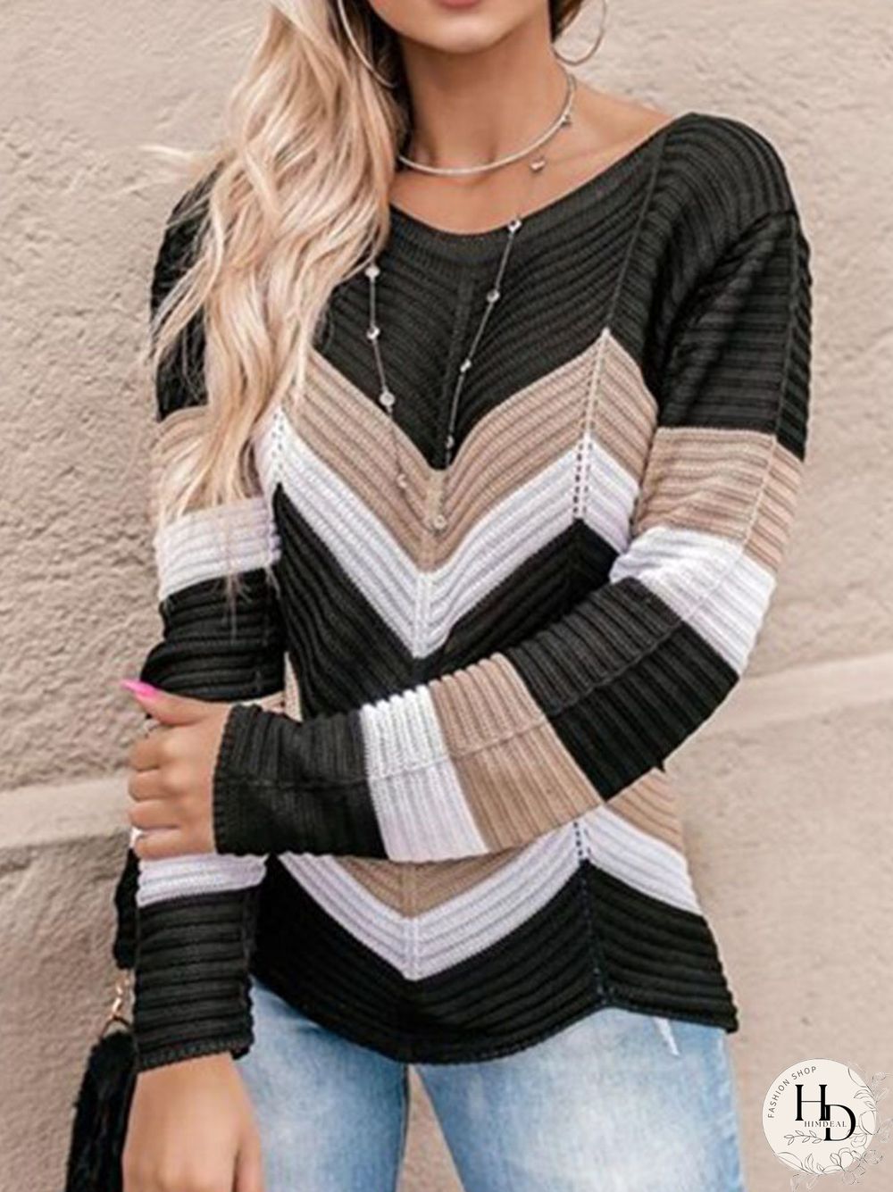Contrast Color Long Sleeve V-neck Pullover Knit Sweater