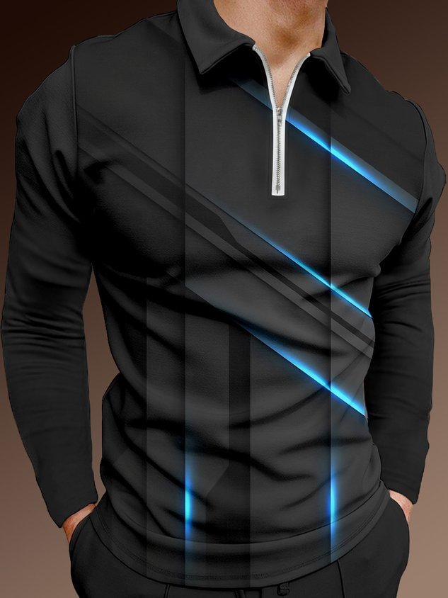 Casual Art Collection 3D Gradient Lines Geometric Color Block Pattern Lapel Zip Long Sleeve Printed Polo Shirt
