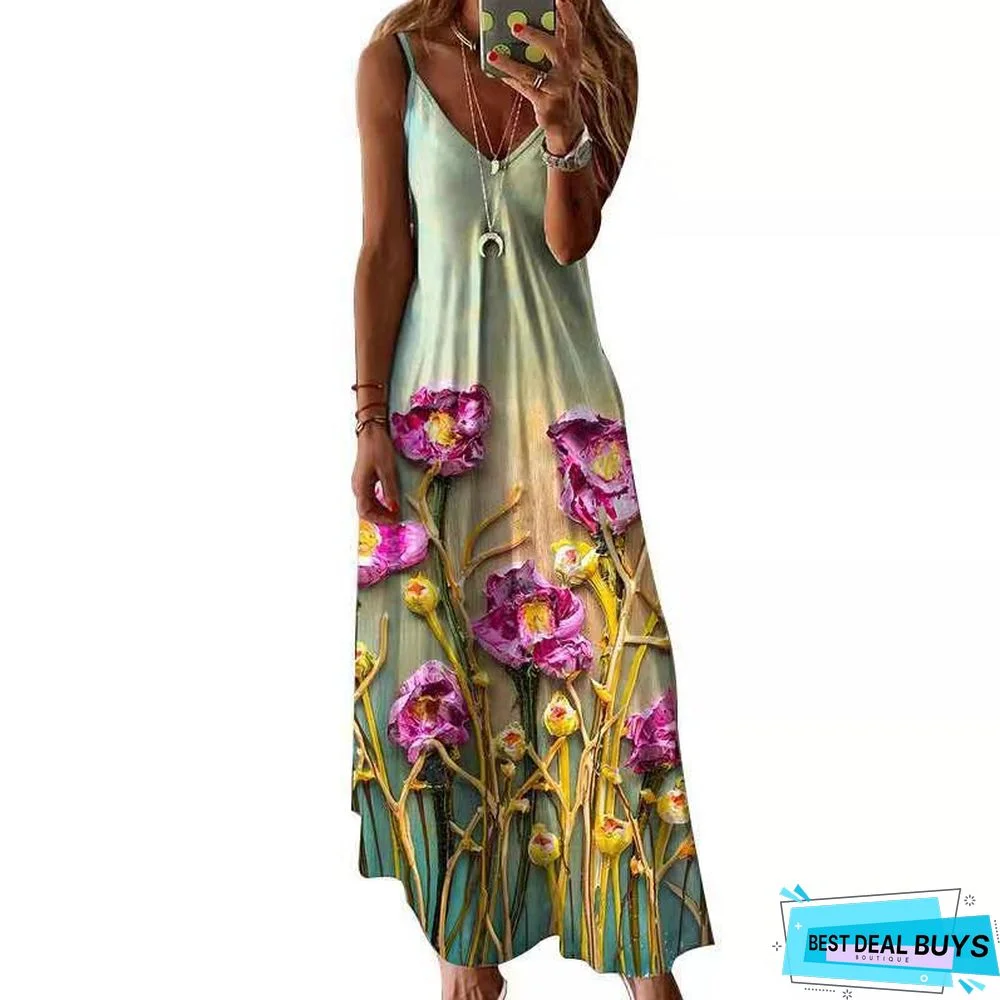 V-Neck Fashion Printed Loose Suspender Dress