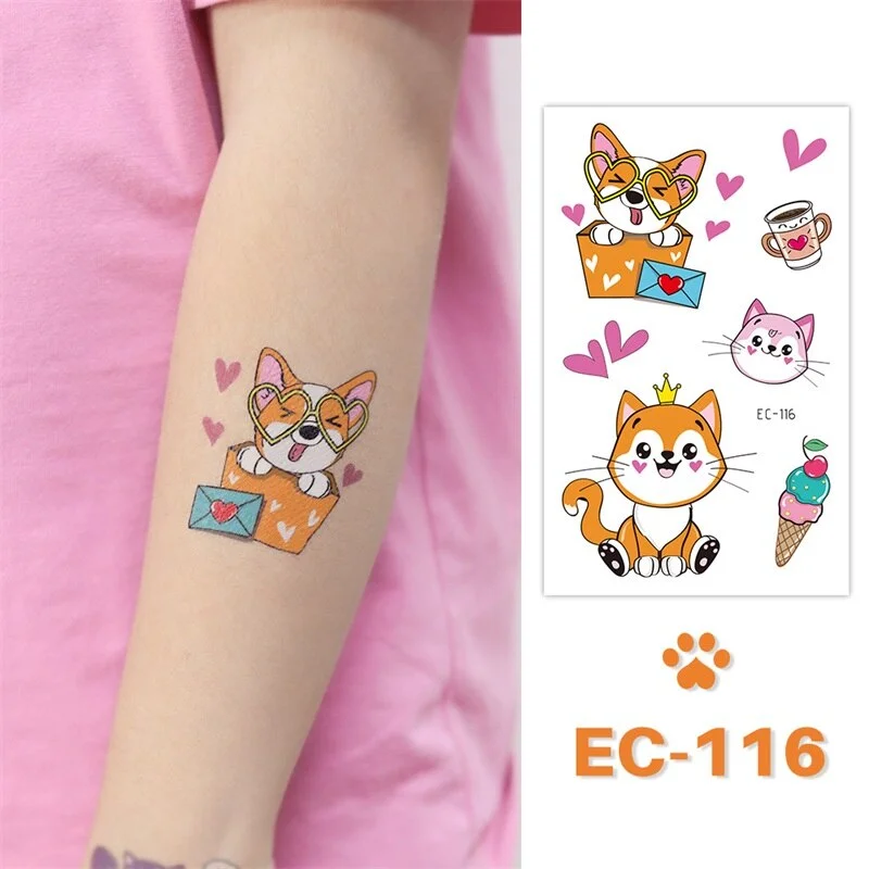 24 kinds Cute Cartoon Tattoo Stickers For Children faux tatouage temporaire Disposable Cat Dog Pets Temporary Waterproof