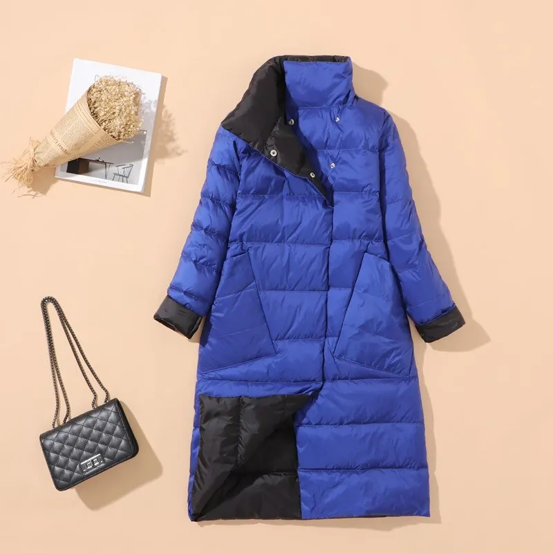 FTLZZ New Autumn Winter Women Double Sided Ultra Light Long Down Coat 90% White Duck Down Parkas Warm Snow Plaid Outwear