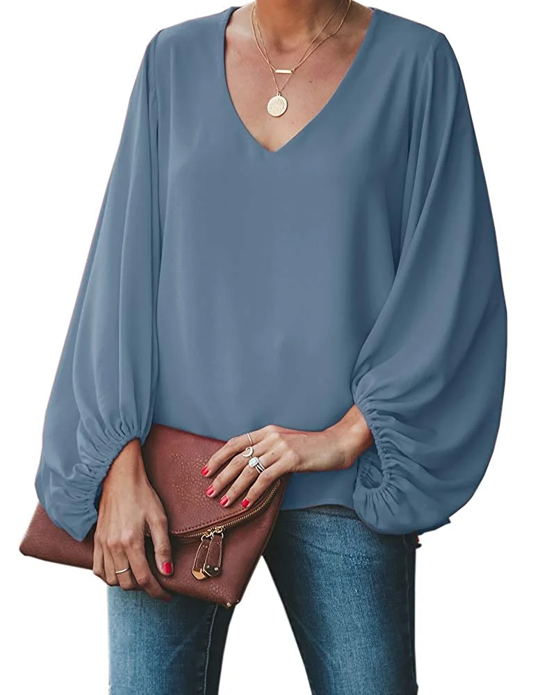 Womens Oversized Lantern Sleeve Chiffon Blouse Tops Casual Loose V Neck Shirts Pullover