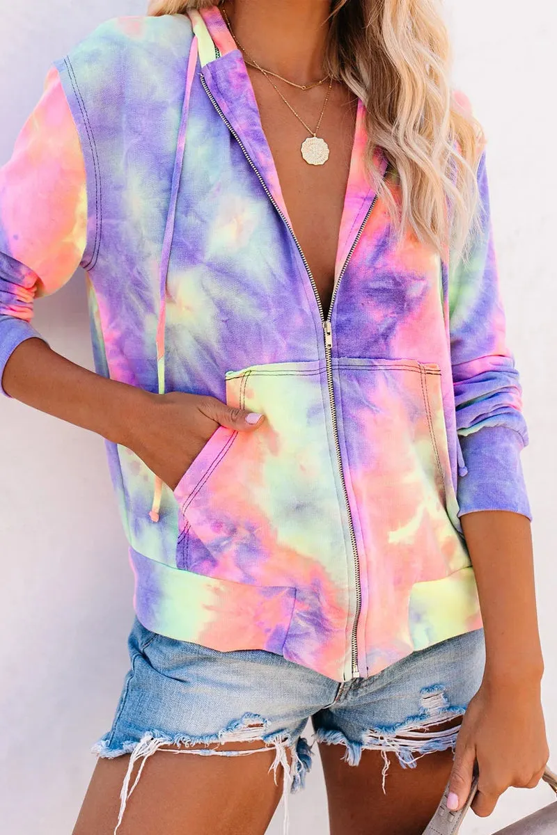 Hooded Collar Tie Dye Zipper Pocket Hoodies