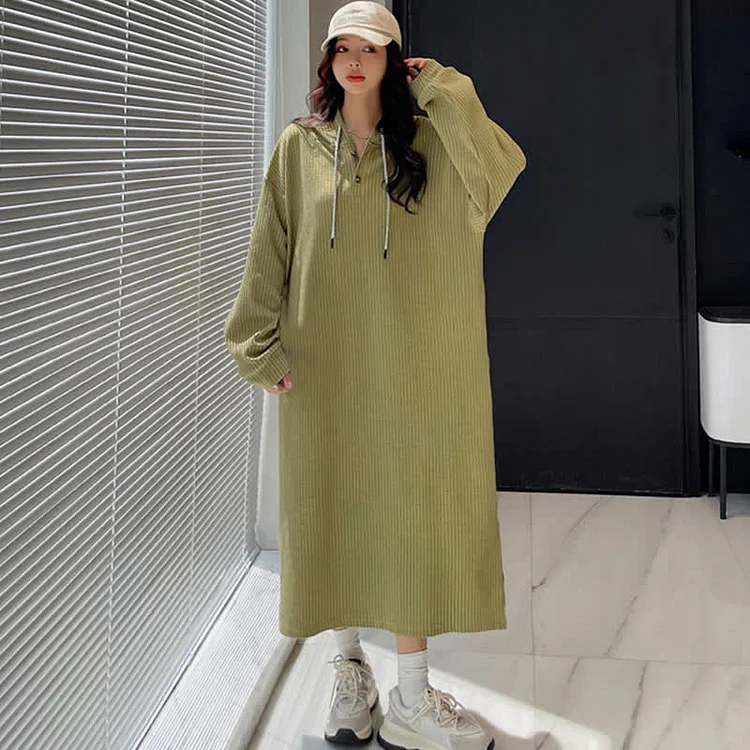 Plus Size Pure Color Loose Hooded Dress - Modakawa modakawa