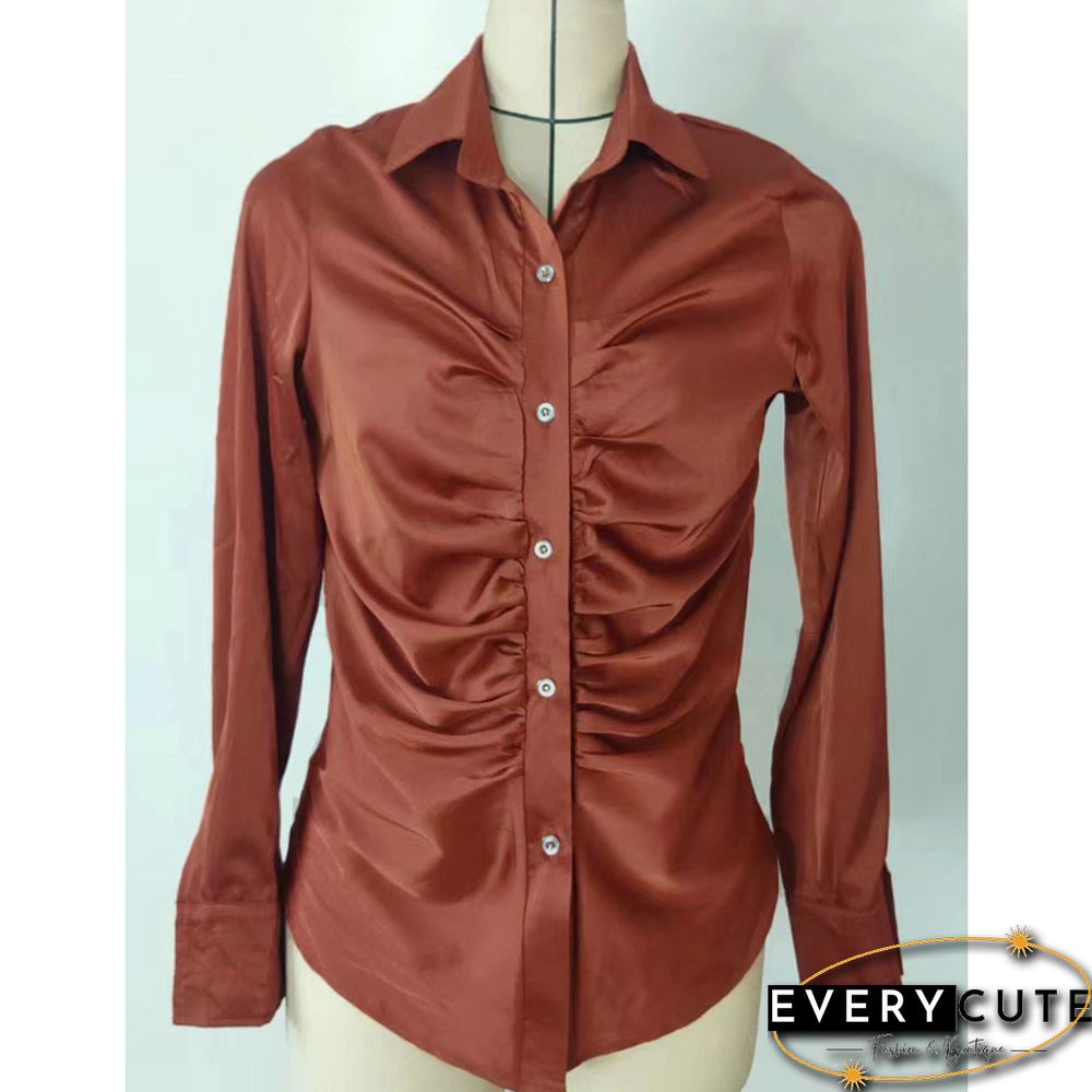 Beige Pleated Button Long Sleeve Shirt