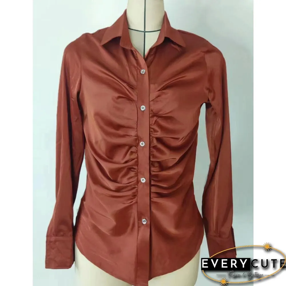 Beige Pleated Button Long Sleeve Shirt
