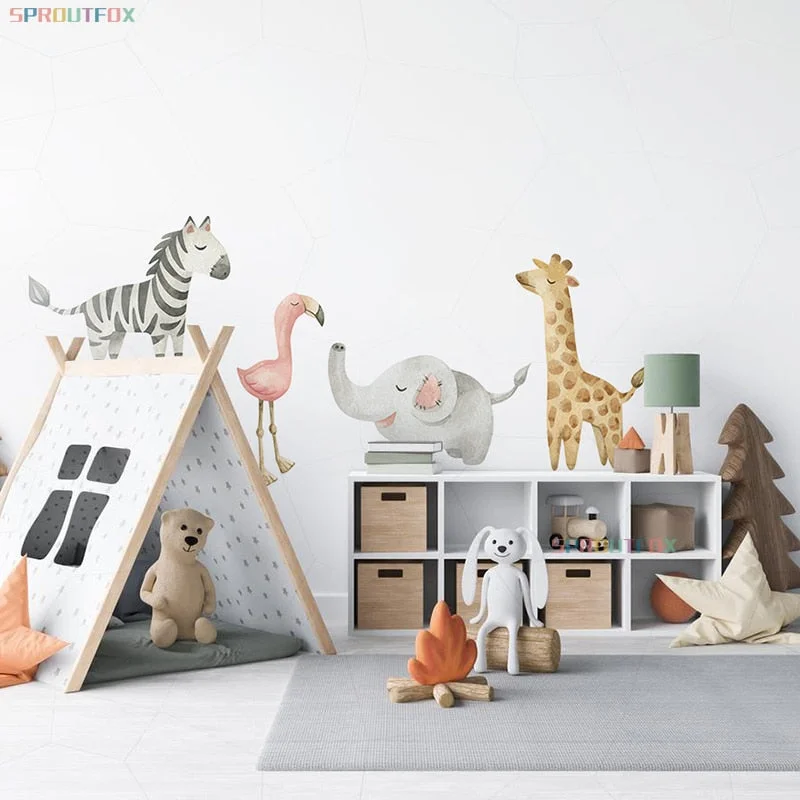 Nordic Cartoon Animals Wall Sticker for Kids Room Nursery Baby Boys Bedroom Wall Decals Zebra Flamingo Elephant Giraffe Stickers