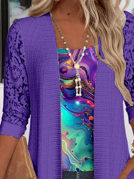 Women Long Sleeve Scoop Neck Striped Printed Printed Graphic Pockets Lace Two-Pieced Tops