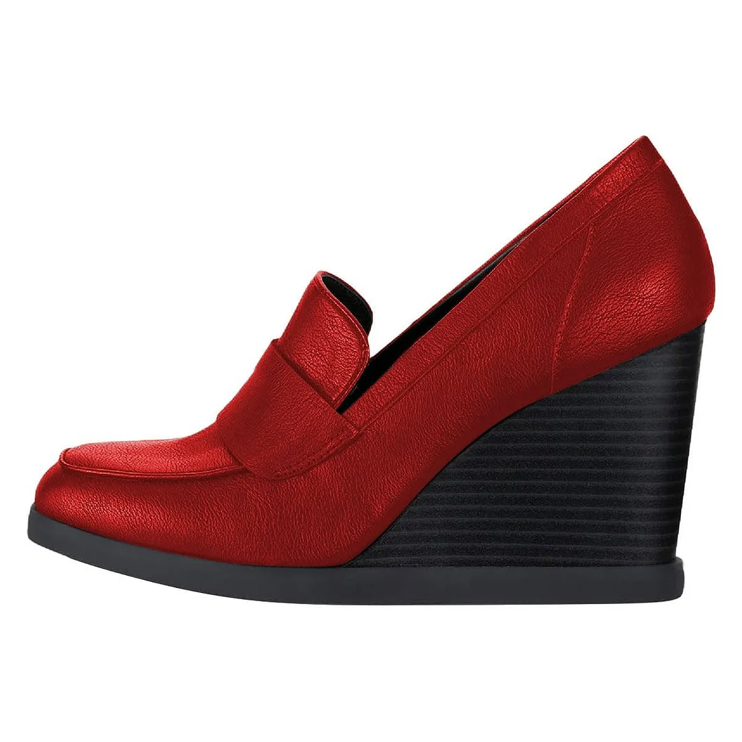 Elegant Round Toe Red Wedge Heeled Loafers Women with Platform