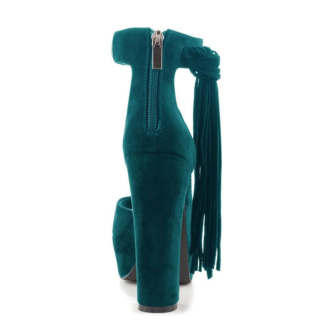 Deep Green Round Toe Zipper Platform Ankle Strap Sandals with Tassel