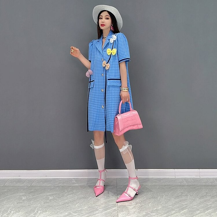 Cute Lapel Plaid Bow Decor Single Breasted Pockets Knee Length Dress 