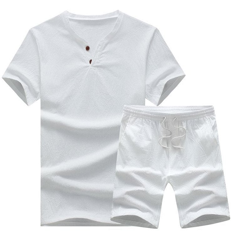 Luckstylish™ Plus-sized Solid Color Cotton Linen T-shirts+Shorts Sets For Men