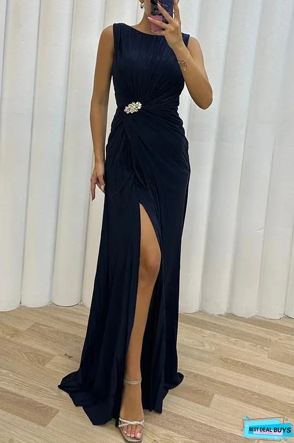 Pretty Special Pleated Embellished Slit Evening Maxi Dress
