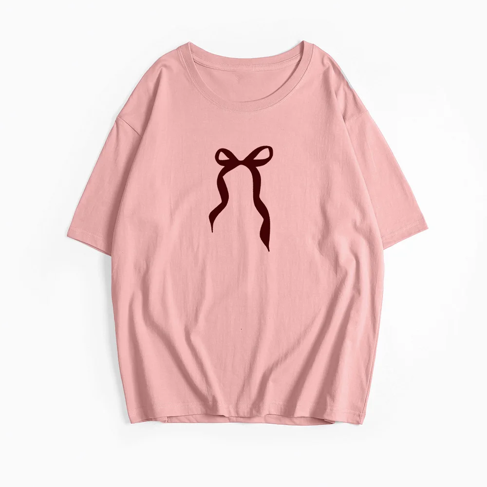 Athvotar Athvotar Sale Of Retro Simple Bow Print T-Shirts For Girls In Summer Loose Round-Neck Pure Cotton Short Sleeves