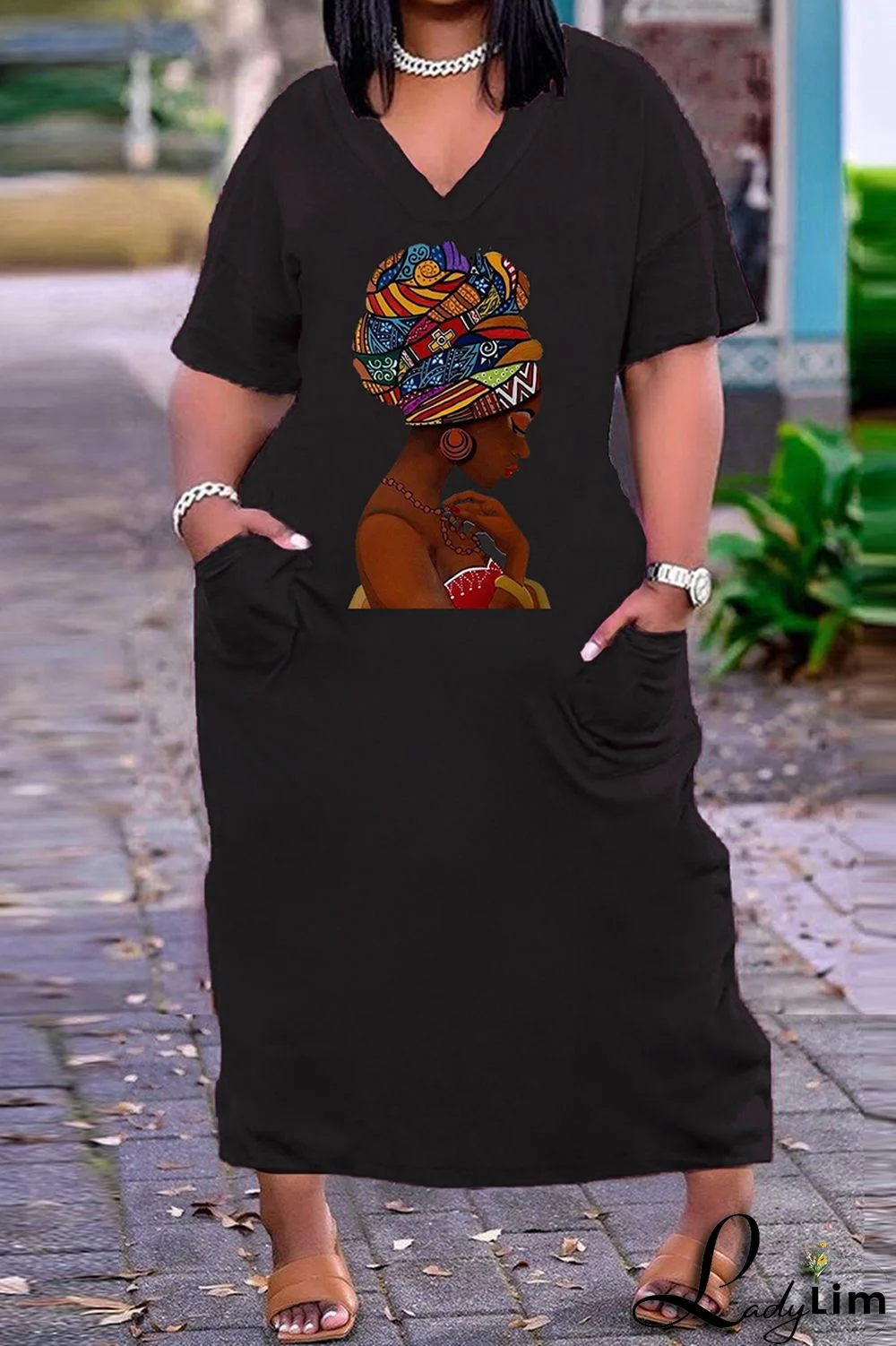 Black White Fashion Casual Plus Size Print Basic V Neck Short Sleeve Dress