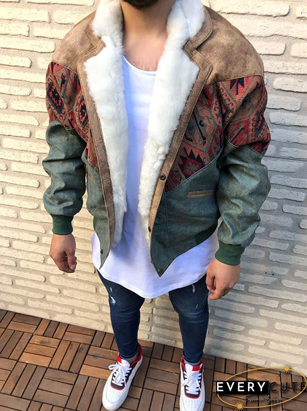 Fashion Splicing Plush Printed Color Single-Breasted Jacket Tt025