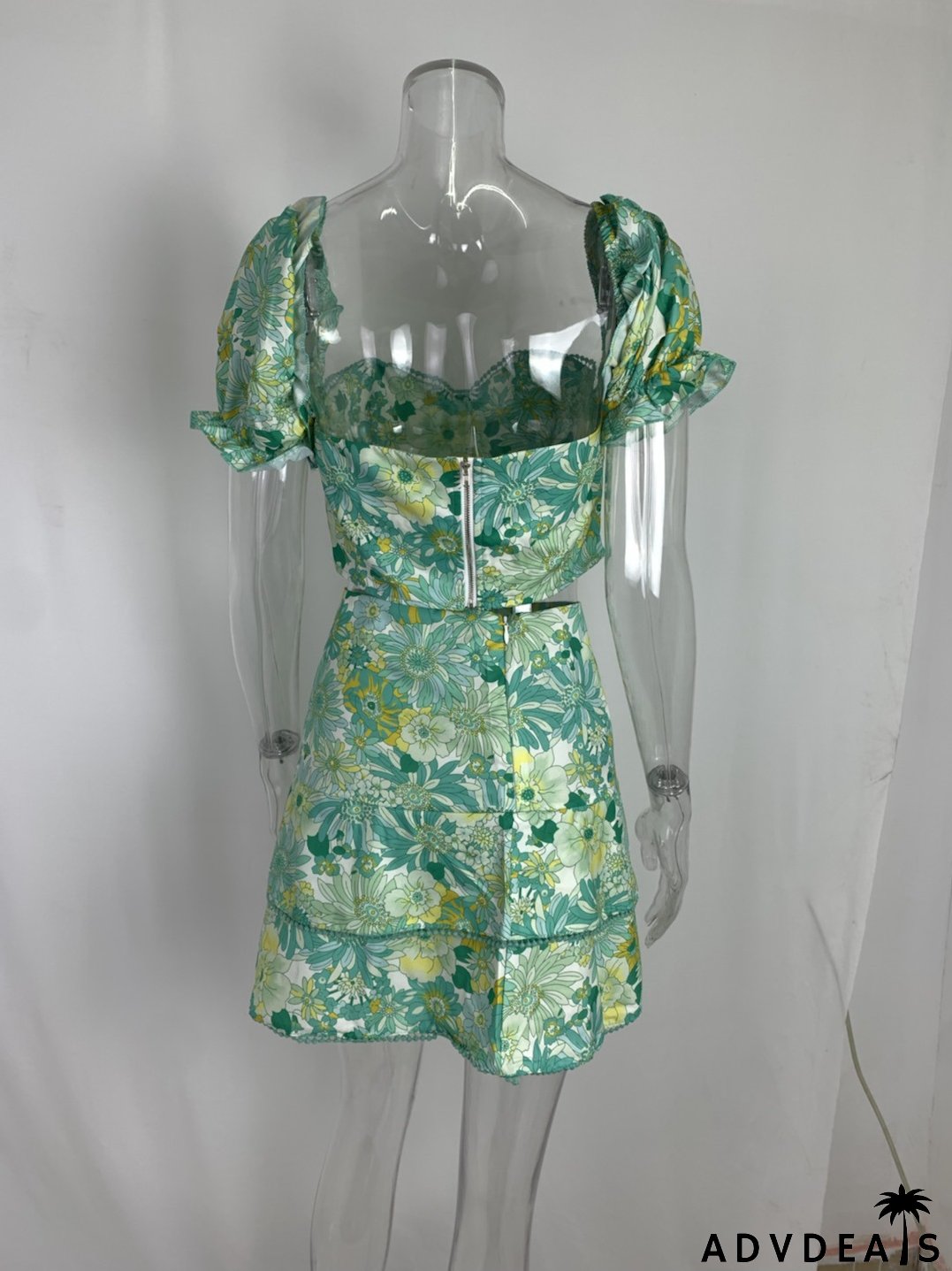 Women Sexy Printed Puff Sleeve Top and Skirt Casual Two-piece Set