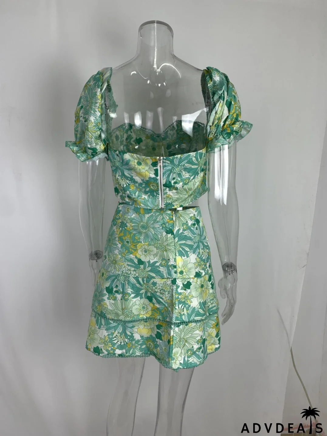 Women Sexy Printed Puff Sleeve Top and Skirt Casual Two-piece Set