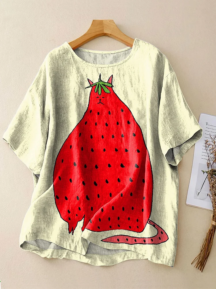 Women's Cartoon Strawberry Cat Art Print Casual Linen Crew Neck Shirt