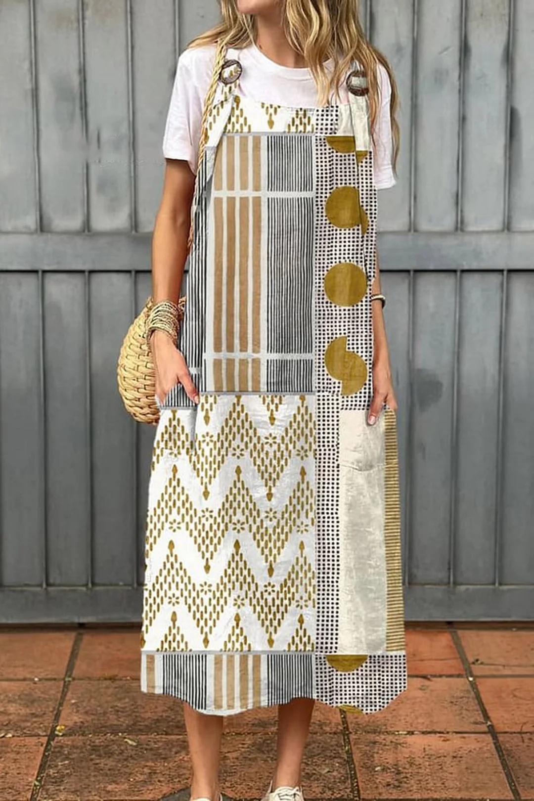 Women's Vintage Abstract Geometric Art Print Cotton Pocket Suspender Dress