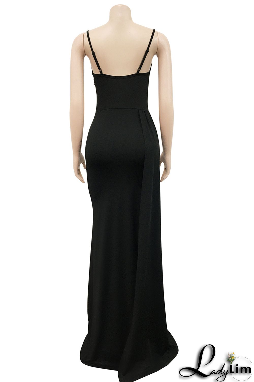 Black Fashion Sexy Solid Patchwork Backless Fold Spaghetti Strap Long Dress