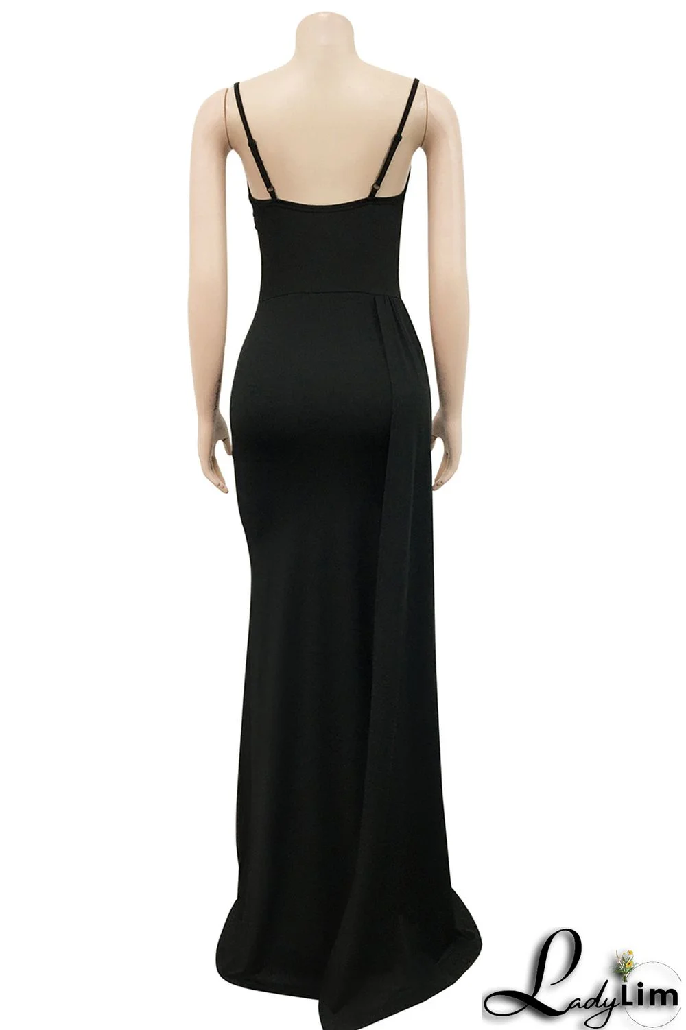 Black Fashion Sexy Solid Patchwork Backless Fold Spaghetti Strap Long Dress