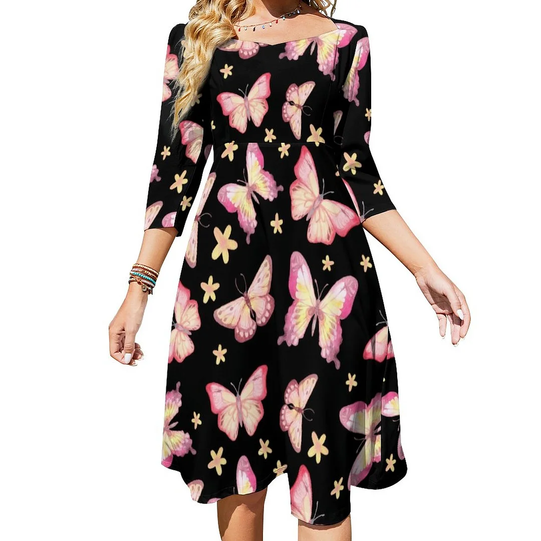 Pink Butterflies Dress Sweetheart Tie Back Flared 3/4 Sleeve Midi Dresses