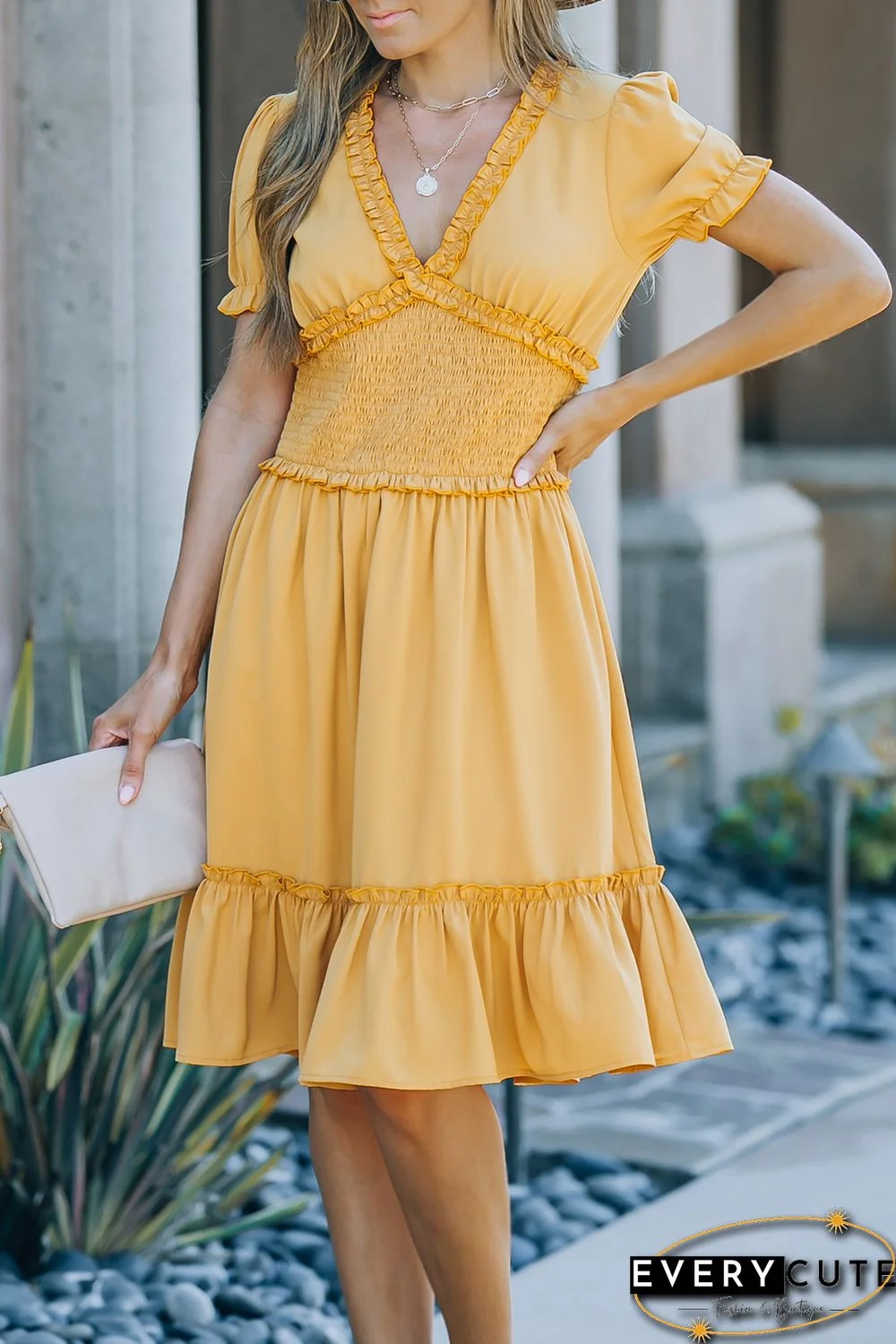 Yellow Frilled Shirred High Waist V Neck Midi Dress