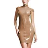 High Neck Wetlook Bodycon Mini Dress Women Short Sleeve Turtleneck Slim PVC Dress Ladies Full Zipper Dress Plus Size Clubwear