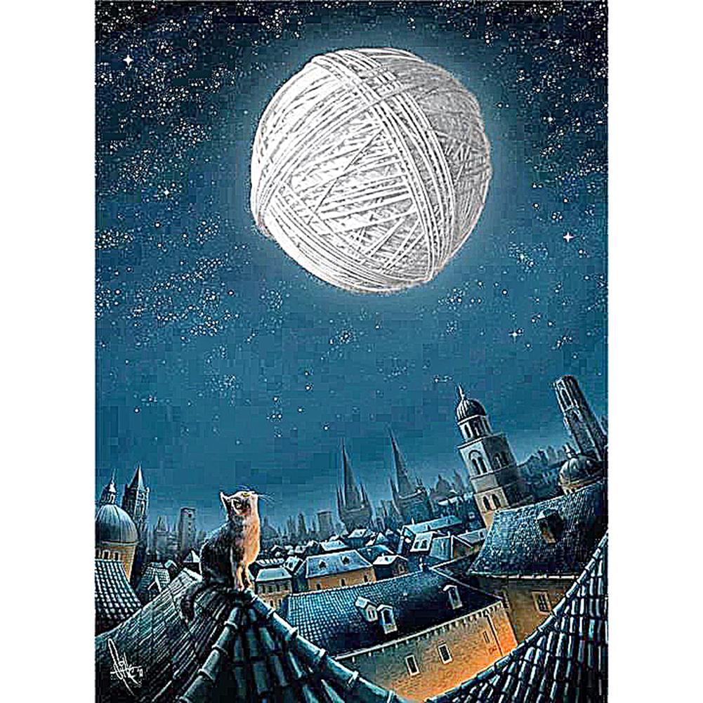 

30x40cm Round Drill Diamond Painting-Kitty Yarn Ball Moon, 501 Original