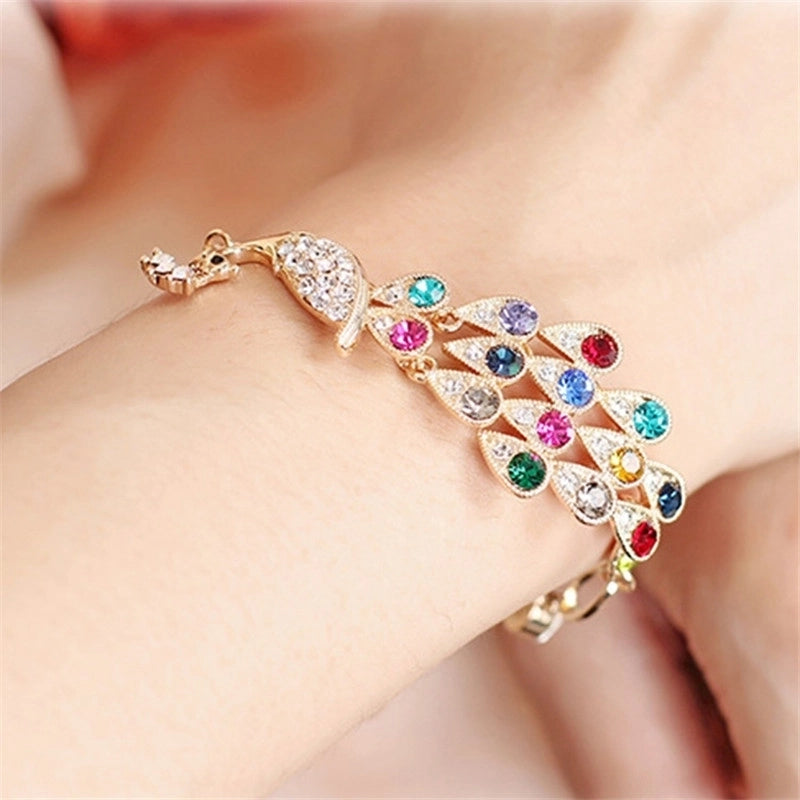 Cute Retro Sweet Peacock Gold Plated Rhinestones Alloy Bangle