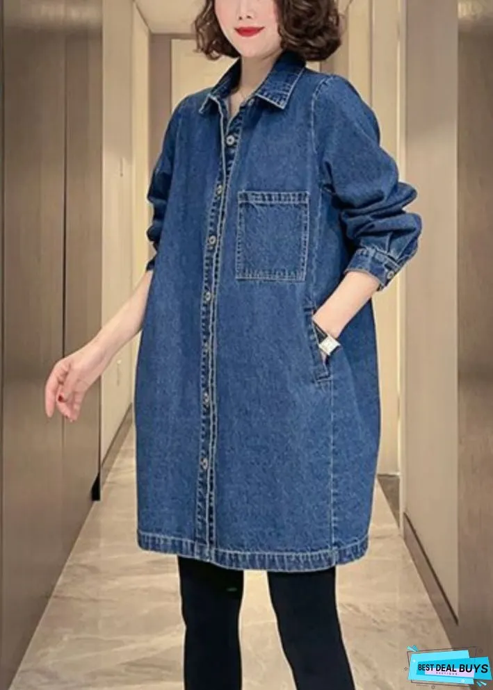 Women Denim Blue Pockets Patchwork Button Coat Fall