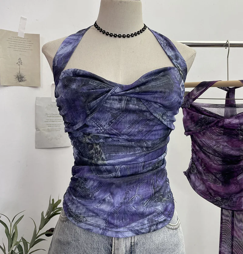 Uveng Solid Shot Tie-Dye-Dyed Denim Print Folding Mesh Sling Sling Sling Neck With Bow Striped Backwear 9921