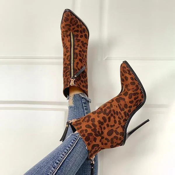 Leopard Print Zip Up Thin Heeled Boots