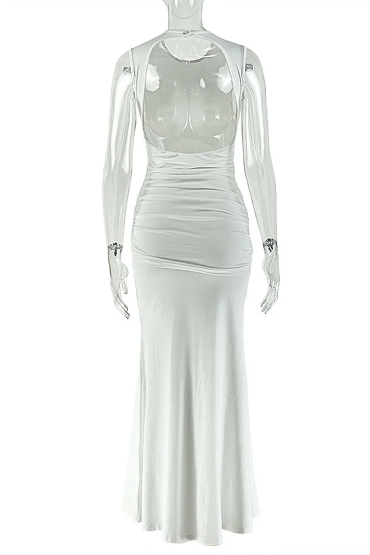 Ruched Round Neck Backless Sleeveless Bodycon Mermaid Hem Maxi Dresses-White