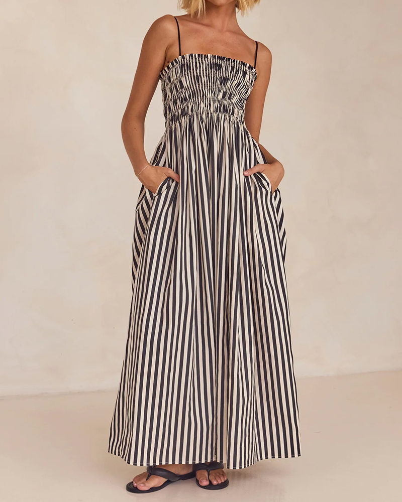 Vertical Stripe Thin Spaghetti Strap Sleeveless A-Line Maxi Dress