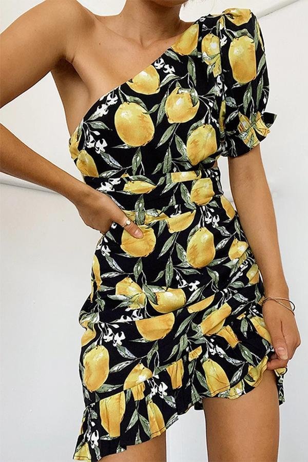 Womens Sexy Lemon-printed Ruffled Pleated Slanted Dress-Allyzone-Allyzone