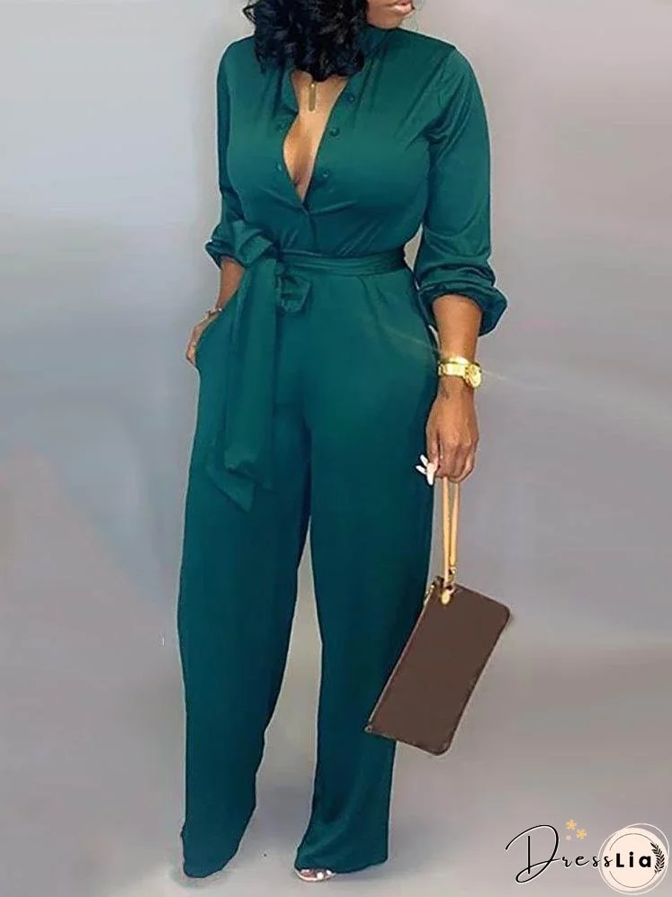 Solid Buttoned Pocket Casual Jumpsuit for Women
