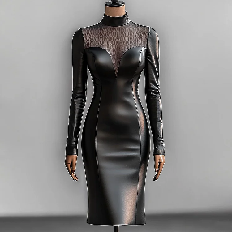 Ursime Mock Neck Long Sleeve PU Leather Midi Dress