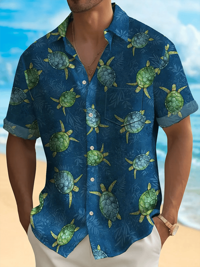 Men's Hawaiian Tropical Print Casual Pocket Short Sleeve Shirt