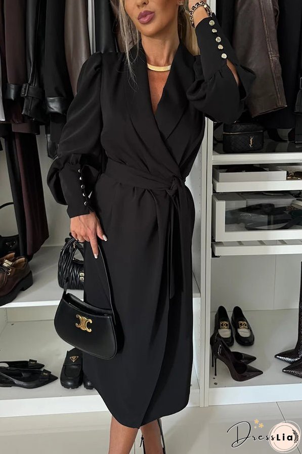 Vintage Elegance Metal Buckle Balloon Sleeve Lapel Wrap Formal Midi Dress